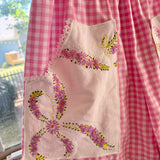 Handmade Pink Gingham Floral Mid Rise Shorts With Oversize Embroidered Pockets