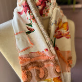 Repurposed Cream and Peach Floral Vintage Chenille Patchwork Scarf