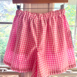 Handmade Pink Gingham Floral Mid Rise Shorts With Oversize Floral Pockets