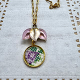 Floral Vintage Embroidered Charm Necklace, Handmade Sentimental Jewelry