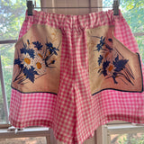 Handmade Pink Gingham Floral Mid Rise Shorts With Oversize Floral Pockets