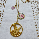 Floral Vintage Embroidered Charm Necklace, Lariat, Handmade Sentimental Jewelry