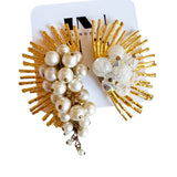Starburst Gold and Pearl Asymmetrical Dangle Earrings