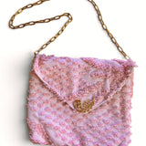 Vintage Repurposed Chenille Fabric Shoulder Bag with Brooch Embellishment| Pink Fabric Handbag
