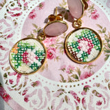 Whimsical Floral Embroidered Dangle Earrings,  Repurposed Vintage Earrings