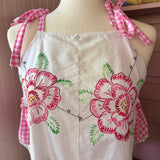 Pink Gingham Shoulder Tie Top, Embroidered Tank, Up-cycled Vintage Crop Top