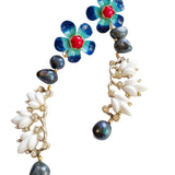 White and Blue Floral Whimsical Dangle Earrings