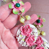 Pink and Green  Floral Pastel Upcycled Vintage Dangle Earrings