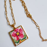Floral Vintage Embroidered Charm Necklace, Handmade Sentimental Jewelry