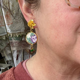 Whimsical Floral Embroidered Dangle Earrings,  Repurposed Vintage Earrings