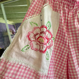Handmade Pink Gingham Floral Mid Rise Shorts With Oversize Embroidered Pockets