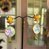 Whimsical Floral Embroidered Dangle Earrings,  Repurposed Vintage Earrings
