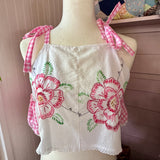 Pink Gingham Shoulder Tie Top, Embroidered Tank, Up-cycled Vintage Crop Top
