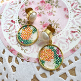 Whimsical Floral Embroidered Dangle Earrings,  Repurposed Vintage Earrings
