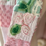 Repurposed Pink and Green Floral Vintage Chenille Patchwork Scarf