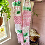 Repurposed Pink and Green Floral Vintage Chenille Patchwork Scarf
