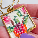 Floral Vintage Embroidered Charm Layering Necklace, Handmade Sentimental Jewelry