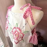 Pink Gingham Shoulder Tie Top, Embroidered Tank, Up-cycled Vintage Crop Top