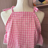 Pink Gingham Shoulder Tie Top, Embroidered Tank, Up-cycled Vintage Crop Top