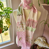 Repurposed Pink and Green Floral Vintage Chenille Patchwork Scarf