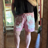 Handmade Pink Gingham Floral Mid Rise Shorts With Oversize Embroidered Pockets