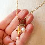 Repurposed Vintage French Madeleine  Charm Gemstone Necklace