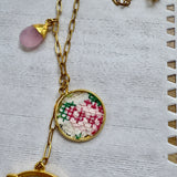Floral Vintage Embroidered Charm Necklace, Lariat, Handmade Sentimental Jewelry