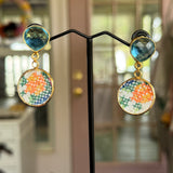 Whimsical Floral Embroidered Dangle Earrings,  Repurposed Vintage Earrings